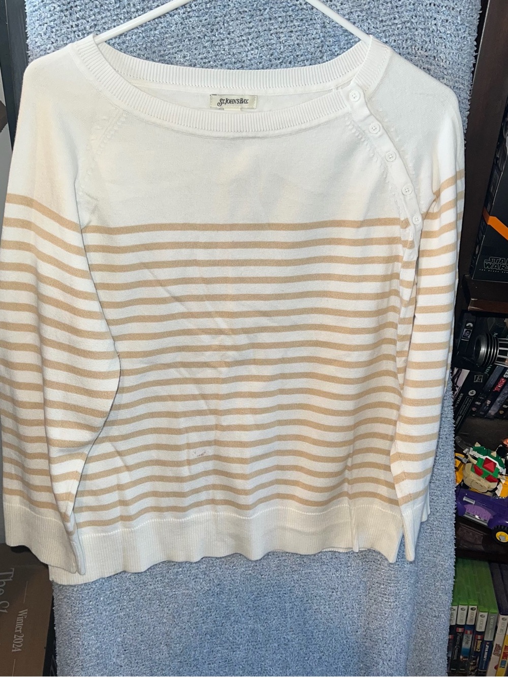St. John's Bay Cream and Tan Striped Boatneck Sweater with Shoulder Buttons